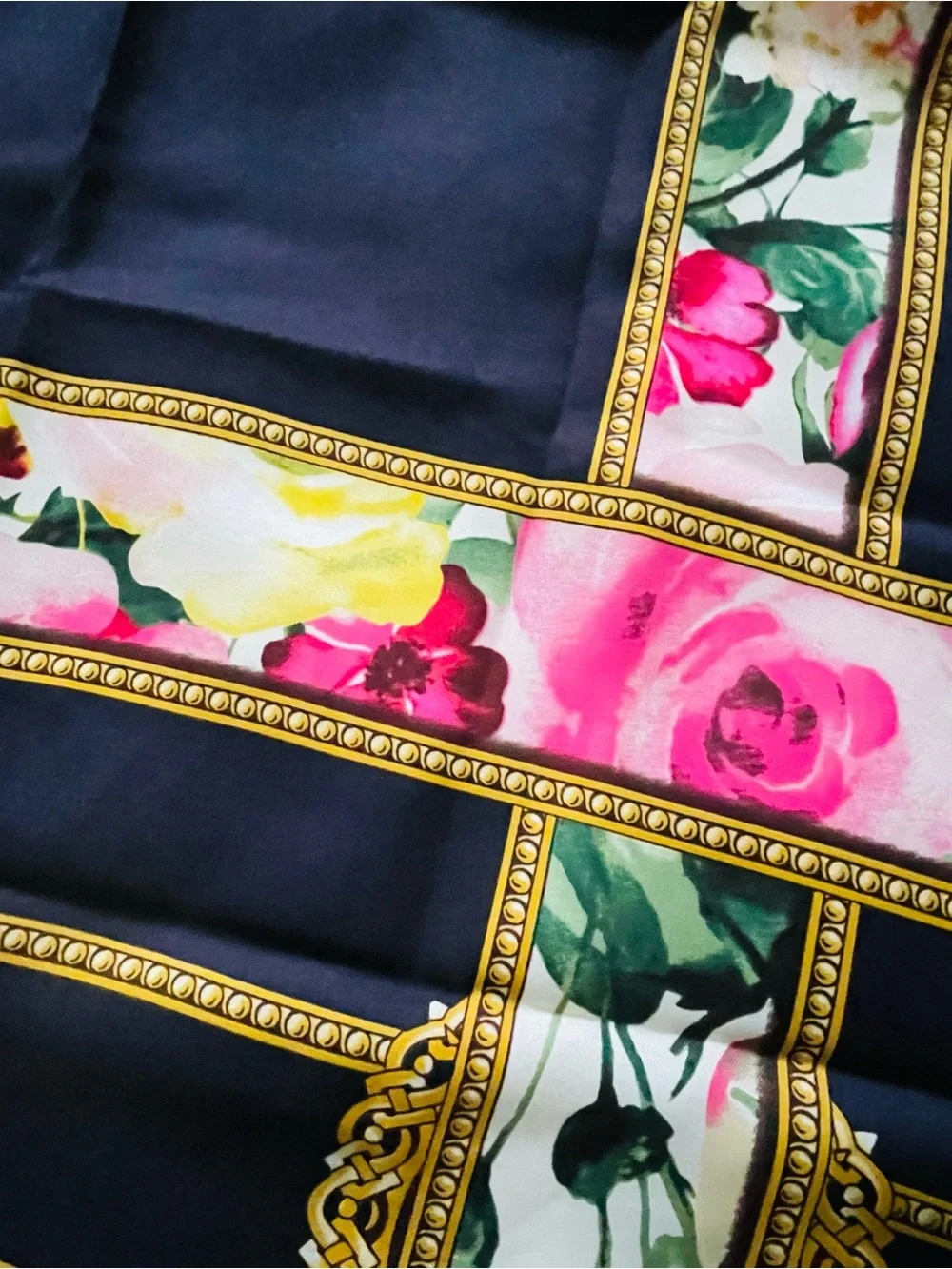 Luxury Black & White Floral Chain Print Satin Square Scarf